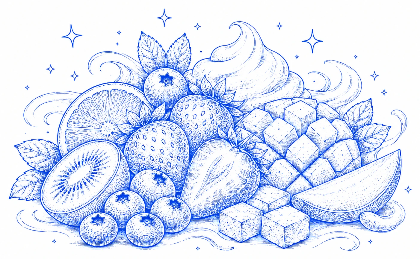 Line-art illustration of strawberries, kiwi, blueberries and mango