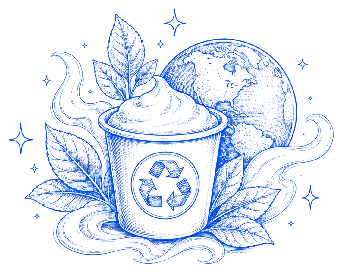 Line-art illustration of a recyclable X-Yogurt cup in front of the earth
