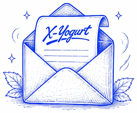 Line-art illustration of an envelope with an X-Yogurt letter