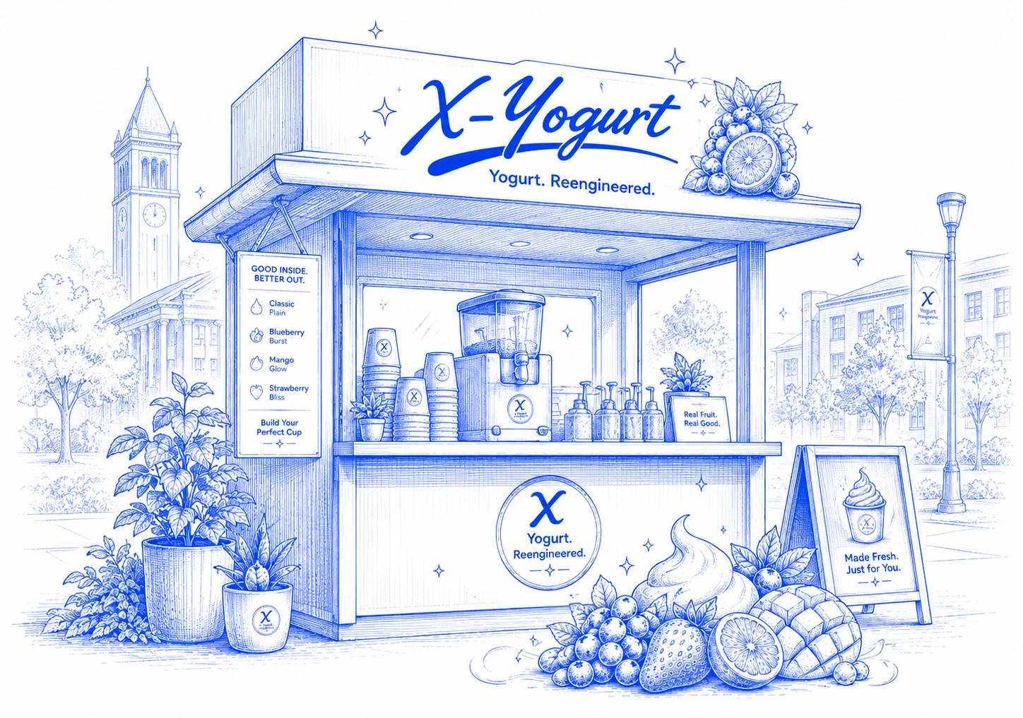 Line-art illustration of an X-Yogurt kiosk