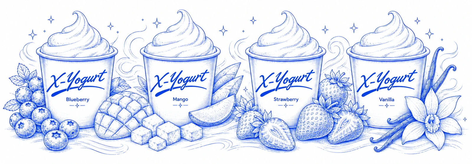 Four X-Yogurt cups with blueberry, mango, strawberry and vanilla