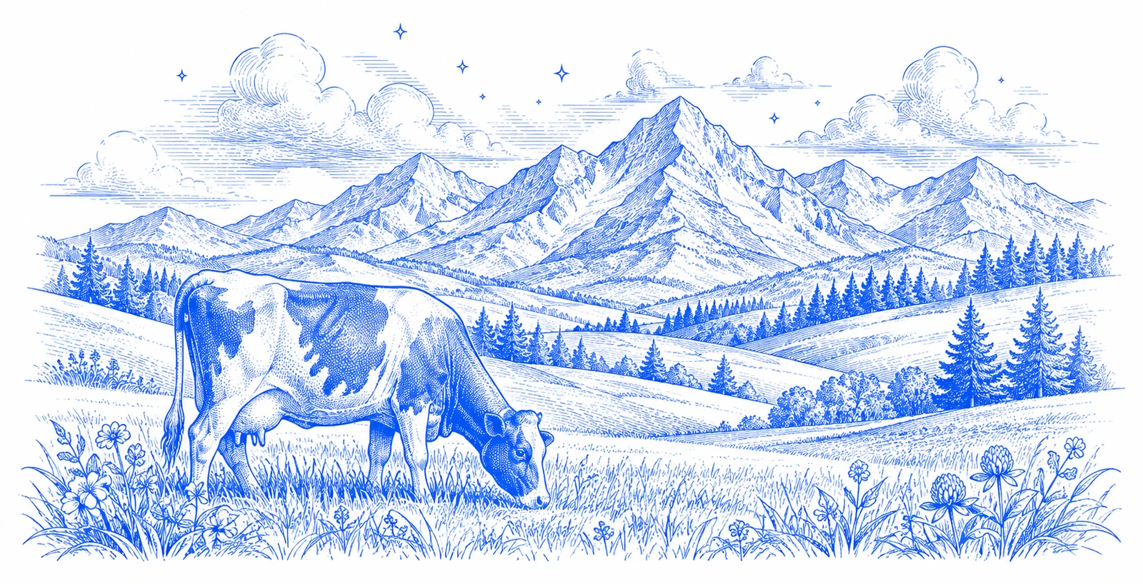 Line-art illustration of a cow grazing in a mountain pasture